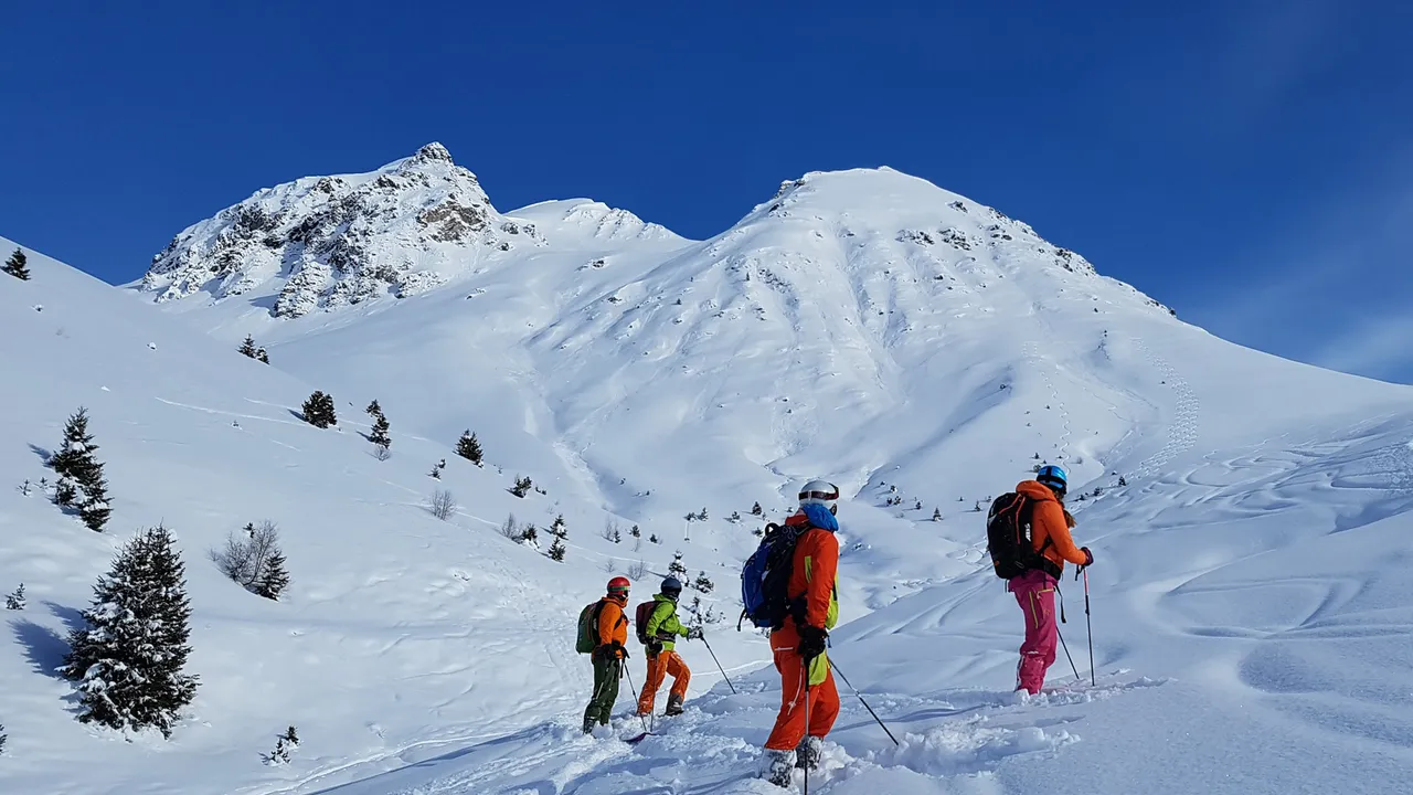 Group of skiers in fresh powder with alpine peaks in the background