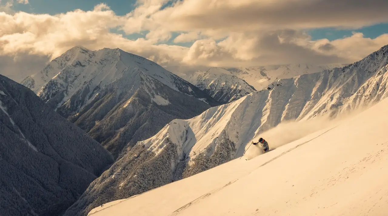 Skier on pristine powder snow in the Alps