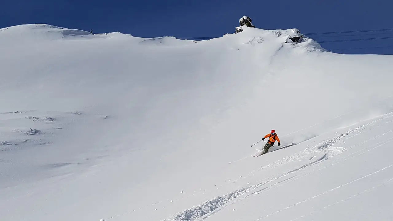 Skier in an orange jacket descending an untracked powder slope
