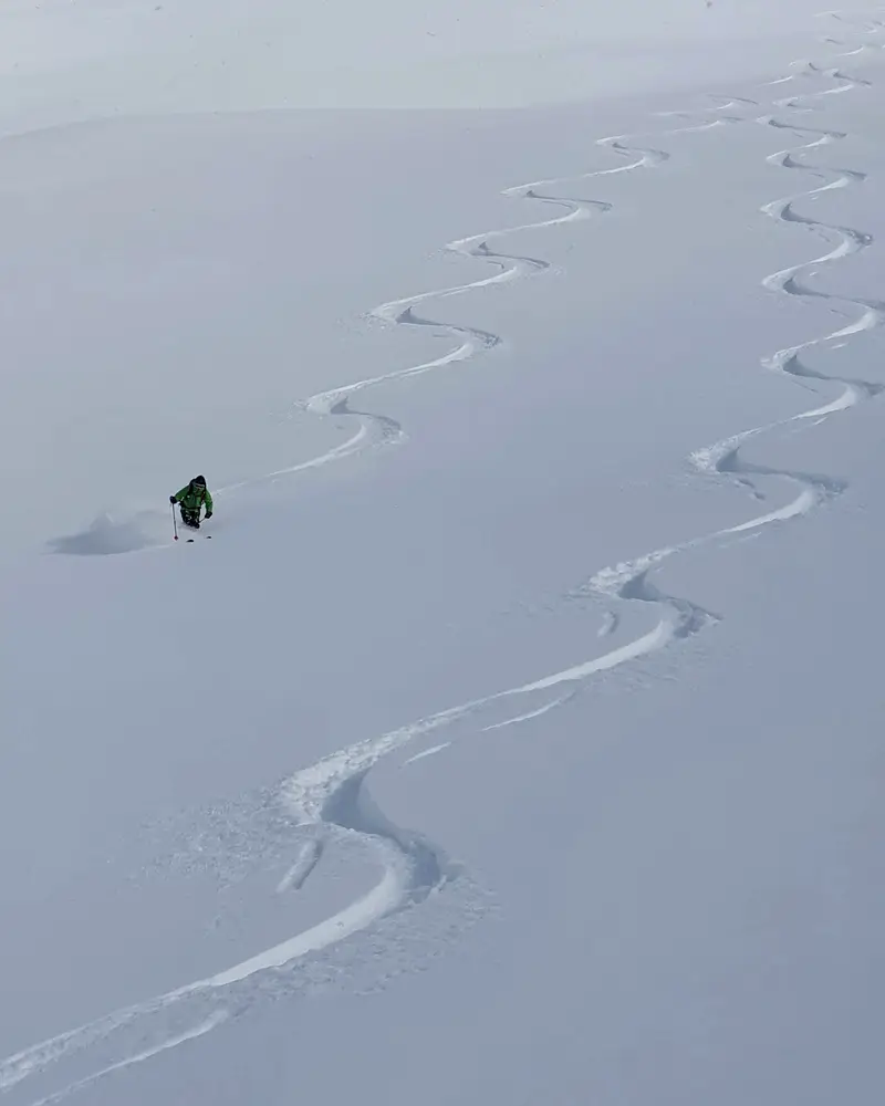 Ski tracks in fresh snow on a wide mountain slope